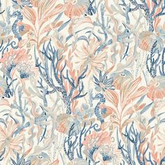 an orange and blue floral wallpaper pattern