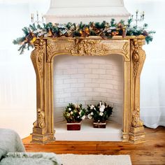 a fireplace with two potted plants on the mantle