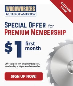 an advertisement for woodworkers club with a circular saw and the words special offer for premium