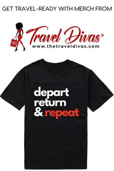 a black t - shirt with red and white lettering on it that says,'get travel ready with merch from