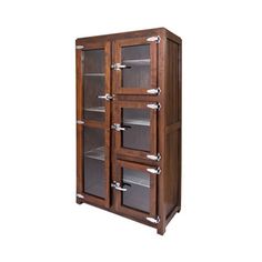 a wooden cabinet with glass doors and drawers