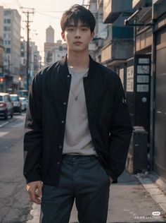 a young man is standing on the sidewalk