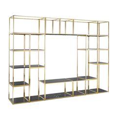 a gold and black shelving unit with shelves on each side, in front of a white background