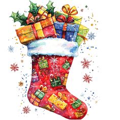 a watercolor christmas stocking with presents on it