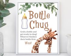 a baby bottle and giraffe poster on a shelf next to a potted plant