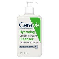 CeraVe Hydrating Cream-to-Foam Face Cleanser is a one-step face wash for daily facial cleansing, face and eye makeup removal, and long-lasting hydration. Gently removes dirt, excess oil, and even long-wear foundation and daily SPF sunscreen residue. Cleanser for face dispenses as a rich cream and transforms into a foam as you lather into skin. Non-drying formula thoroughly cleanses without stripping skin of moisture or leaving a tight, dry feeling. Suitable for normal to dry skin. Fragrance free Hydrating Cream To Foam Cleanser, Cream To Foam Cleanser, Cerave Skincare, Salsa Fresca, Foaming Face Wash, Cream Cleanser, Hydrating Cream, Gel Cleanser, Eye Makeup Remover