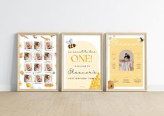 three frames displaying photos and the names of children's first birthdays are shown