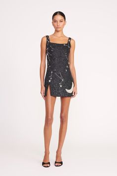 Our best-selling hand beaded mini dress has been updated in a constellation-inspired pattern for the Holiday season. This style is fully beaded and features a slit and a hidden side zipper. Beaded Mini Dress, White Dance, Custom Handbags, Moon Bag, Night Moon, Mini Moon, Good Night Moon, Sandal Platform, Beaded Dress