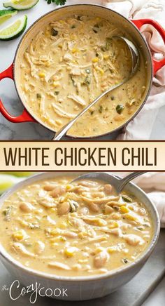 two pictures of chicken chili in a pot with the text, white chicken chili on top