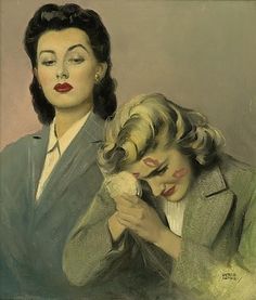 two women are looking at each other while one holds her hand over the other's shoulder