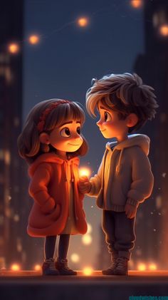 two children standing next to each other in front of a city at night with lights