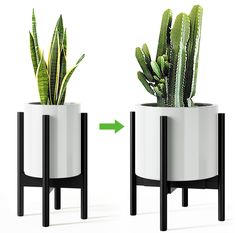 two planters with plants in them and an arrow pointing to the top one that is black