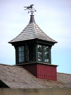 a weather vane on top of a red roof