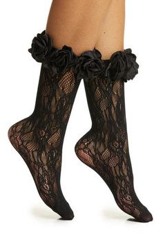 Dark roses trim the top of inky lace socks designed to make a statement. Acrylic/polyester/spandex Hand wash, dry flat Imported Imp Oc, Dark Roses, Tulle Socks, Fancy Socks, Lace Ankle Socks, Yellow Two Piece, Liquid Satin, Style Guru, Lace Ring