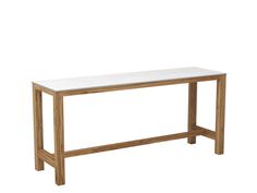 a wooden table with a white marble top