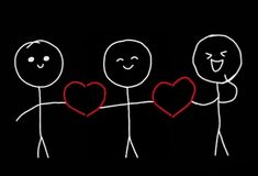 three stick figures holding hearts on a black background