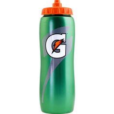 the gatorade water bottle is green and orange