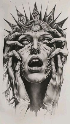 a black and white drawing of a woman holding her hands up to her face with an evil look on her face