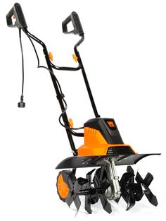 an orange and black snow thrower on a white background