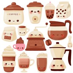 coffee clipart set with cute faces and mugs