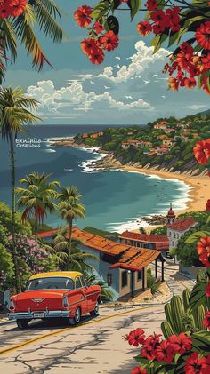 a painting of a red car driving down a road next to the ocean and palm trees