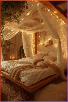 an image of a bedroom setting with lights on the ceiling and bed in the foreground