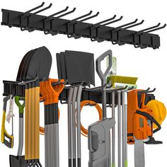 an assortment of tools hanging from a rack on a white background with clippings