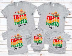 three baby onesuits with the words fiesta fiesta on them