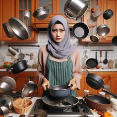 a woman standing in front of a stove with pots and pans flying around her