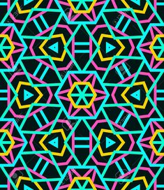 an abstract geometric pattern with colored lines and triangles on a black background, suitable for wallpaper or fabric