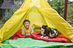 a young boy and his dog are sitting in a tent on the grass with a yellow tarp