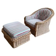 two wicker chairs and ottoman with striped cushions