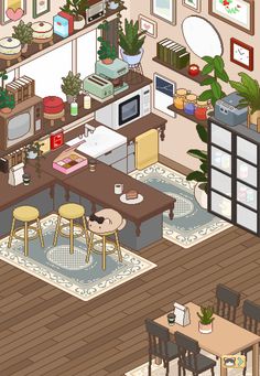 an aerial view of a living room and kitchen area in the game's design