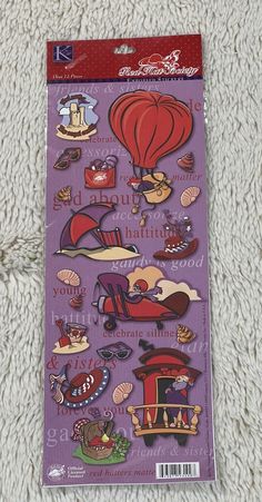 the sticker sheet has many different things on it, including hot air balloons and other items