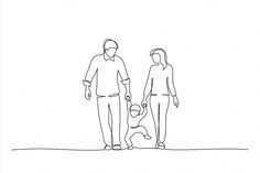 a man and woman holding hands while standing next to a dog