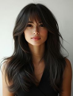 Discover Stunning Long Layered Hair with Bangs Ideas: Transform Your Look with These Trendy Styles Fringe For Long Face Shape, Long Women Haircut, Dark Hair With Long Bangs, Layers With Bangs Medium Hair, Long Hair Haircuts With Bangs, Thick Wispy Bangs, Bang Layered Hair, Wavy Hairstyles Medium With Bangs, Long Hair For Long Face Shape