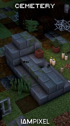 an image of a computer game with candles on the ground and trees in the background