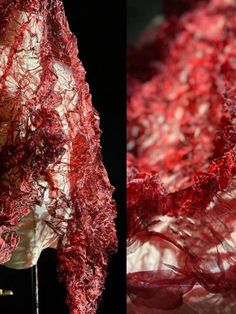 two photographs of red yarn on a mannequin head and the same piece of clothing