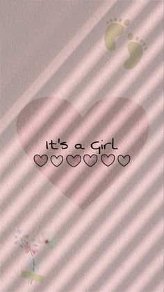 it's a girl with hearts and footprints on the floor in front of a pink background