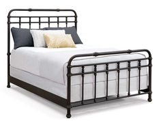 a metal bed frame with white sheets and pillows on top of it, against a white background