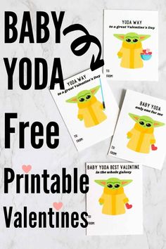 three baby yoda printable valentine cards with the words, free printable valentines