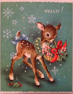 a green christmas card with a baby deer holding a wreath and bow in it's mouth