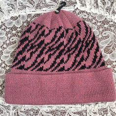 Nwt Pinkish Purple Hat W/ Black Tiger Stripes Os Never Worn! Acrylic = Warm And Cute! Casual Pink One-size Beanie, Pink Beanie One Size Fits Most, Trendy Pink Fall Beanie, Casual Pink Beanie One Size, Pink One-size Beanie, Pink Knitted Casual Hat, Casual Pink Beanie For Spring, Casual Pink Beanie, Casual Warm Pink Beanie