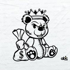 a black and white drawing of a teddy bear wearing a crown