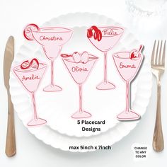 a white plate topped with four different types of martini glasses