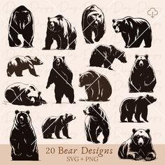 bear silhouettes in various poses and sizes on a beige background with the words, 20 bear designs svg - png