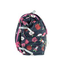 a backpack with apples and skulls on it