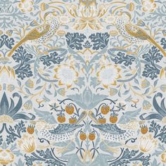 a blue and gold wallpaper with birds on it