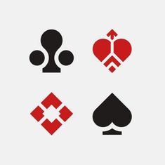 four different types of playing cards with hearts and spades on the sides, all in red