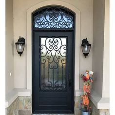 single door with aquatex glass and beautiful scrollwork Single Exterior Door, Iron Front Door Single Farmhouse, Single Wrought Iron Front Door, Iron Front Door Single With Sidelights, Iron Front Door Single With Transom, Iron Front Door Single, Single Exterior Doors, Arched Transom, Wrought Iron Entry Doors Single